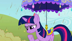 Size: 2560x1476 | Tagged: safe, screencap, twilight sparkle, unicorn twilight, pony, unicorn, the return of harmony, chocolate, chocolate rain, food, popcorn, rain, saddle, tack, thinking, umbrella