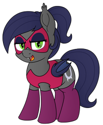 Size: 2472x3000 | Tagged: safe, artist:an-tonio, artist:pananovich, derpibooru exclusive, oc, oc only, oc:frostbite, bat pony, collaboration, 2018 community collab, bat pony oc, cutie mark, derpibooru community collaboration, fangs, female, looking at you, mare, outfit, ponytail, simple background, solo, transparent background