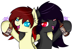 Size: 982x660 | Tagged: safe, artist:spooky-kitteh, oc, oc only, bat pony, pegasus, pony, bat pony oc, female, hoof hold, mare, rum, side hug, simple background, transparent background