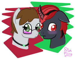 Size: 1024x805 | Tagged: safe, artist:pickfairy, oc, oc only, oc:borgz pony, oc:pickfairy, unicorn, blushing, curved horn, female, glasses, gray, green, male, mare, oc x oc, red, red eyes, shipping, stallion, straight