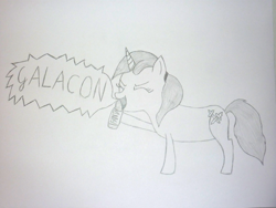 Size: 2048x1536 | Tagged: safe, artist:ragmo, oc, oc only, pony, unicorn, atg 2017, fanta, galacon, galacon 2017, monochrome, newbie artist training grounds, solo, traditional art, yelling