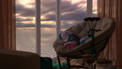 Size: 2625x1500 | Tagged: safe, artist:tahublade7, princess flurry heart, anthro, plantigrade anthro, 3d, chair, clothes, cloud, cruise ship, daz studio, dress, female, flower, jar, luggage, panties, papasan, sandals, shell, sleeping, solo, suitcase, sunset, underwear