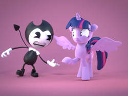 Size: 560x420 | Tagged: safe, artist:sonictfmlp123, twilight sparkle, twilight sparkle (alicorn), alicorn, pony, 3d, bendy, bendy and the ink machine, bendy the demon, blender, crossover, duo, female, male, mare, not sure if want, purple background, simple background, unsure