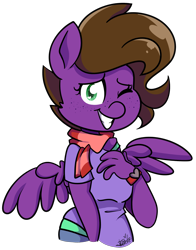 Size: 1884x2397 | Tagged: safe, artist:befishproductions, oc, oc only, anthro, pegasus, clothes, female, mare, one eye closed, scarf, shirt, signature, simple background, solo, transparent background, wink