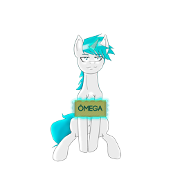 Size: 2000x2000 | Tagged: safe, artist:anbyzpervert, oc, oc only, oc:ômega, pony, unicorn, 2018 community collab, derpibooru community collaboration, male, sign, simple background, sitting, transparent background