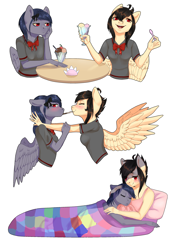 Size: 2480x3507 | Tagged: safe, artist:maria-fly, oc, oc only, oc:haisuu gaku, oc:hidoi akogare, anthro, pegasus, bed, blushing, clothes, female, food, heart, hug, ice cream, lesbian, pocky game, school uniform, schoolgirl