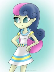 Size: 1024x1365 | Tagged: safe, artist:lavenderrain24, bon bon, sweetie drops, equestria girls, clothes, dress, female, smiling, solo, watermark