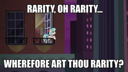 Size: 958x539 | Tagged: safe, edit, edited screencap, screencap, coco pommel, earth pony, pony, made in manehattan, balcony, bronclyn, coco's apartment, coco's apartment building, female, image macro, impact font, implied lesbian, implied marshmallow coco, manehattan, mare, meme, romeo and juliet, shakespeare, solo, text