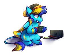 Size: 1024x793 | Tagged: safe, artist:crownedspade, oc, oc only, oc:zap, pegasus, pony, cap, hat, male, nintendo switch, simple background, sitting, solo, stallion, tail feathers, transparent background