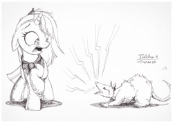 Size: 1073x759 | Tagged: safe, artist:sherwoodwhisper, oc, oc only, oc:eri, opossum, pony, unicorn, female, filly, inktober, inktober 2017, monochrome, screech, traditional art