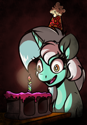 Size: 1024x1463 | Tagged: safe, artist:witchtaunter, lyra heartstrings, pony, unicorn, birthday, birthday candles, brick, cake, candle, cinder block, concrete, crying inside, dead stare, faic, female, food, happy birthday, hat, insanity, lonely, mare, party hat, sad, smiling, solo, this will end in broken teeth