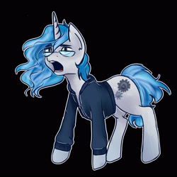 Size: 3000x3000 | Tagged: artist needed, safe, oc, oc only, oc:gear pulse, unicorn, black background, clothes, cutie mark, glasses, hoodie, male, simple background, solo