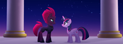 Size: 1280x465 | Tagged: safe, tempest shadow, twilight sparkle, twilight sparkle (alicorn), alicorn, unicorn, my little pony: the movie, armor, broken horn, night, night sky, rainbow (song), sky, tempest shadow is tall