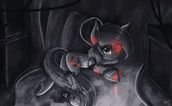 Size: 1788x1102 | Tagged: safe, artist:atlas-66, oc, oc only, earth pony, pony, robot, robot pony, broken, damaged, looking at you, looking up, lying down, solo, wires