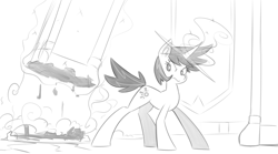 Size: 1502x835 | Tagged: dead source, safe, artist:reiduran, oc, oc only, oc:corona flare, pony, unicorn, ear fluff, female, grayscale, magic, mare, monochrome, telekinesis