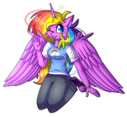 Size: 968x889 | Tagged: safe, artist:soundwavepie, oc, oc only, oc:rainbow cloud, alicorn, anthro, alicorn oc, clothes, cute, female, one eye closed, pants, simple background, solo, transparent background, wink