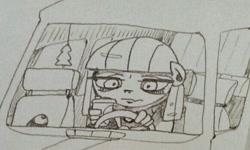 Size: 581x349 | Tagged: safe, artist:grinwild, boulder (pet), maud pie, anthro, car, coffee, driving, female, monochrome, solo, traditional art