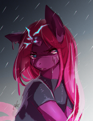 Size: 781x1012 | Tagged: safe, artist:missaka, tempest shadow, pony, unicorn, my little pony: the movie, broken horn, bust, female, mare, rain, solo, wet mane