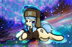 Size: 1101x725 | Tagged: safe, edit, oc, oc only, earth pony, pony, 80s, aesthetics, hat, nebula, solo, space, unnamed oc, ushanka, vaporwave, winterchan