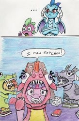 Size: 636x974 | Tagged: safe, artist:kuroneko, derpibooru exclusive, maud pie, princess ember, spike, sunburst, twilight sparkle, alicorn, dragon, earth pony, pony, unicorn, uncommon bond, ..., awkward, board game, book, colored pencil drawing, dice, disguise, dragon costume, dragon pit, dragoness, female, i can explain, shocked, traditional art, we're a culture not a costume