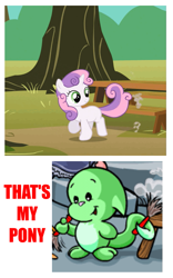 Size: 625x1000 | Tagged: safe, edit, edited screencap, screencap, sweetie belle, pony, unicorn, the show stoppers, dusting, female, filly, foal, kacheek, meme, neopets, prehensile tail, red text, solo, sweepy belle, tail hold, that's my pony, that's my x