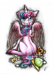 Size: 1813x2488 | Tagged: safe, artist:lupiarts, princess flurry heart, whammy, alicorn, pony, female, mare, my creepy pony, pacifier, solo, stuffing, teddy bear, torn, toy