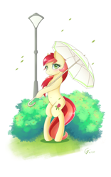Size: 1200x1920 | Tagged: safe, artist:laptop-pone, roseluck, earth pony, pony, belly button, bipedal, bush, female, lamppost, looking at you, mare, smiling, solo, umbrella