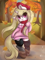 Size: 3520x4681 | Tagged: safe, artist:wickedsilly, oc, oc only, oc:cherry blossom, pony, unicorn, autumn, beret, clothes, cute, female, gift art, hat, mare, ocbetes, scarf, sweater, tree