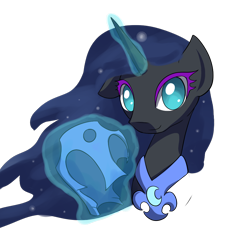 Size: 1024x1024 | Tagged: artist needed, safe, nightmare moon, alicorn, pony, bust, helmet, magic, missing accessory, nicemare moon, portrait, simple background, smiling, solo, telekinesis, transparent background