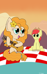 Size: 3300x5100 | Tagged: safe, artist:toonboy92484, bright mac, pear butter, guitar, sunset