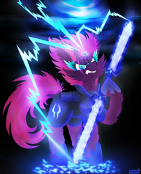Size: 1024x1267 | Tagged: safe, artist:vanillaswirl6, tempest shadow, unicorn, my little pony: the movie, angry, armor, black background, broken horn, colored eyelashes, colored pupils, dock, double bladed sword, ear fluff, electricity, eye scar, fangs, female, hoof hold, lightning, looking at you, magic, mare, scar, snarling, solo, sparking horn, sword, weapon