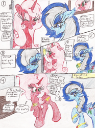 Size: 1584x2124 | Tagged: safe, oc, oc only, oc:mistletoe, oc:rossa, alicorn, pegasus, pony, alicorn oc, angry, colored pencil drawing, comic, desk, dialogue, envelope, gritted teeth, hair over one eye, hoof on chest, inner thoughts, magic, messy colouring, raised hoof, smiling, talking, telekinesis, thought bubble, traditional art, visible breath, yelling