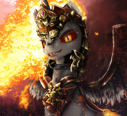 Size: 3735x3400 | Tagged: safe, artist:princeoracle, daybreaker, alicorn, pony, 3d, abstract background, armor, chains, chest fluff, choker, colored sclera, detailed, female, fire, fluffy, grin, helmet, jewelry, leg fluff, looking at you, mane of fire, mare, mouth hold, neck fluff, necklace, pendant, sharp teeth, shoulder fluff, slit eyes, smiling, smirk, smoke, solo, spread wings, teeth, wing armor, wing fluff, wings