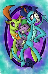 Size: 600x911 | Tagged: safe, artist:emositecc, princess ember, spike, thorax, changedling, changeling, dragon, female, king thorax, male