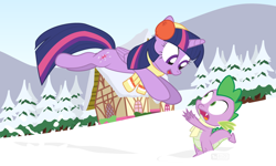 Size: 1250x750 | Tagged: safe, artist:dm29, spike, twilight sparkle, twilight sparkle (alicorn), alicorn, dragon, catch, clothes, earmuffs, imminent glomp, scarf, snow, winter, wintertime