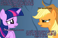 Size: 1048x689 | Tagged: safe, artist:navitaserussirus, applejack, twilight sparkle, earth pony, pony, genie, unamused