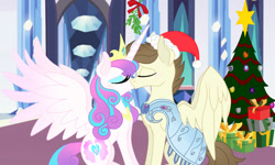 Size: 960x576 | Tagged: safe, artist:owocrystalcatowo, pound cake, princess flurry heart, pony, armor, christmas, christmas tree, female, holiday, kissing, male, mistletoe, older, poundflurry, shipping, straight, tree