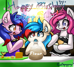 Size: 2000x1800 | Tagged: safe, artist:cutiepoppony, oc, oc only, oc:party pie, oc:watercolor lollipop, pony, birthday, food, heterochromia, kitchen, window