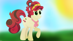 Size: 3840x2160 | Tagged: safe, artist:startledflowerpony, cherry jubilee, pony, high res, raised hoof, solo, sun