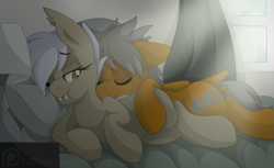 Size: 1803x1106 | Tagged: safe, artist:pearlyiridescence, oc, oc only, oc:darki, bat pony, pegasus, pony, bed, bedroom, cuddling, cute, eyes closed, fangs, female, floppy ears, male, morning, morning ponies, on side, one eye closed, shipping, sleeping, smiling