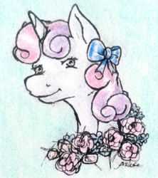 Size: 1456x1636 | Tagged: safe, artist:azkre, sweetie belle, pony, unicorn, bow, flower, hair bow, smiling, solo, traditional art