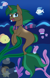 Size: 613x960 | Tagged: safe, artist:starfallarts, derpibooru exclusive, oc, oc only, oc:rosetta spring, fish, jellyfish, seapony (g4), my little pony: the movie, commission, seaponified, seaweed, solo, species swap, underwater
