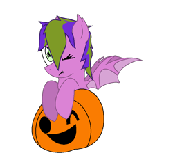 Size: 864x828 | Tagged: safe, artist:semakberry, artist:serenitytamako, oc, oc only, oc:berry bush, bat pony, halloween, holiday, jack-o-lantern, one eye closed, pumpkin, simple background, solo, transparent background, wink