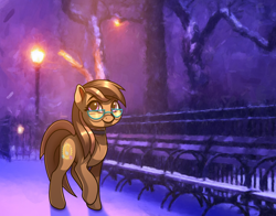 Size: 1920x1503 | Tagged: safe, artist:autello, oc, oc only, oc:dawnsong, earth pony, pony, female, glasses, mare, night, snow, solo, streetlight, subsurface scattering, ych result