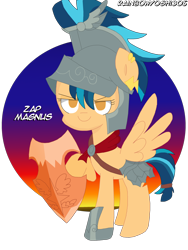 Size: 2448x3264 | Tagged: safe, artist:rainbowyoshi305, flash magnus, indigo zap, pegasus, pony, alternate hairstyle, armor, clothes, cosplay, costume, equestria girls ponified, female, helmet, high res, mare, netitus, ponified, shield, simple background, transparent background