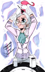 Size: 2147x3419 | Tagged: safe, artist:ponygoddess, mayor mare, human, autograph, cathy weseluck, clothes, colored sketch, commission, dyed hair, female, glasses, gloves, hair dye, humanized, one eye closed, pink hair, signature, solo, tongue out