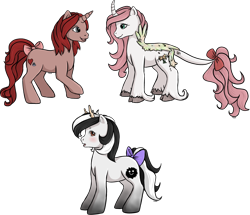 Size: 1600x1378 | Tagged: safe, artist:violentdreamsofmine, oc, oc only, oc:prism heart, oc:twin lily, oc:wonder spirit, kirin, pony, unicorn, g1, bow, female, g4 to g1, generation leap, mare, tail bow