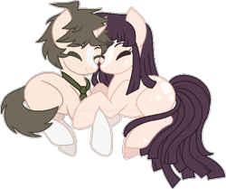 Size: 627x525 | Tagged: safe, artist:s1nb0y, earth pony, pony, unicorn, base used, danganronpa, danganronpa 2, eyes closed, female, hajime hinata, male, mare, mikan tsumiki, ponified, prone, simple background, smiling, stallion, transparent background