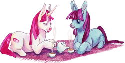 Size: 900x456 | Tagged: safe, artist:kirishin, oc, oc only, oc:pudding pie, oc:snowcatcher, unicorn, cup, cutie mark, duo, duo female, female, food, horn, lying down, rug, simple background, steam, tea, teacup, teapot