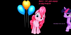 Size: 3270x1590 | Tagged: safe, pinkie pie, twilight sparkle, twilight sparkle (alicorn), alicorn, earth pony, pony, 3d, balloon, happy birthday mlp:fim, mlp fim's seventh anniversary, mmd, smiling, void